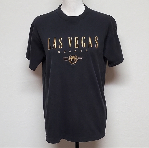 Vintage 1990s Oneita Washed Black Las Vegas Nevada Gold Embroidered Graphic Tee - Picture 2 of 11